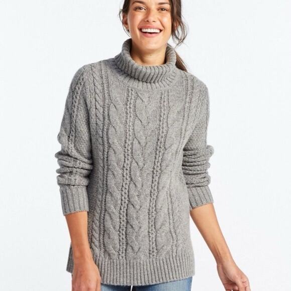 LL Bean Mixed Cable Knit Wool Blend Fisherman Sweater Medium Gray - Picture 1 of 6
